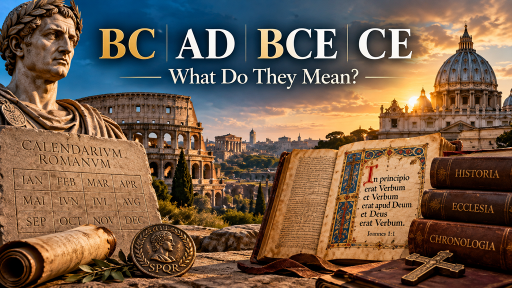 BC, AD, BCE and CE meaning illustrated with an ancient Roman calendar and Christian historical imagery