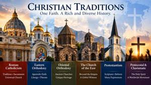 Major Christian traditions represented by historic churches, worship, and Christian symbols