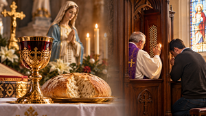 Catholic symbols of the Eucharist, Mary, and the sacrament of confession