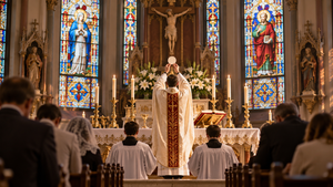 Catholic worship centered on the Mass, Eucharist, liturgy, and sacred church space