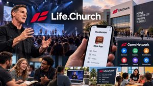 Life.Church ministry collage featuring church services, the YouVersion Bible App, online ministry, and Open Network resources