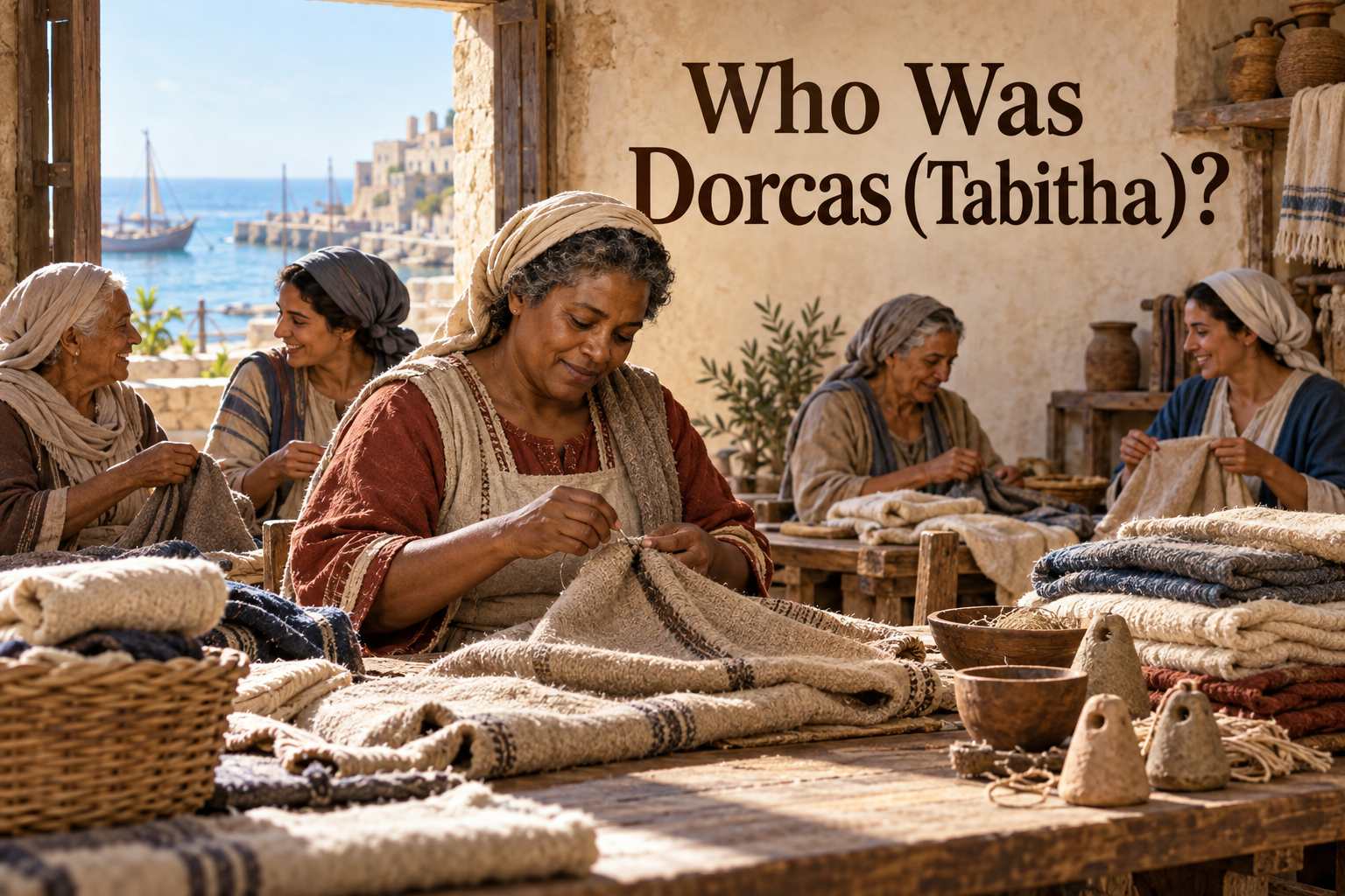Illustrated Dorcas, also called Tabitha, sewing garments with widows in a first-century Joppa workshop
