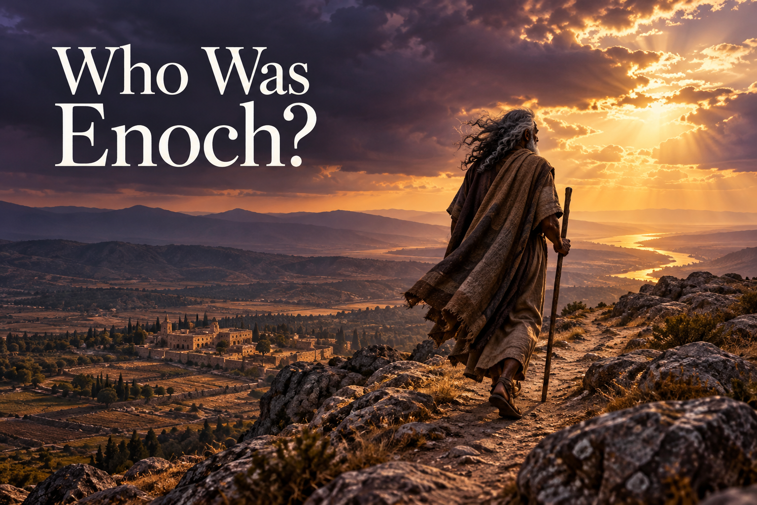 Illustrated Enoch walking alone along a high ridge beneath a dramatic twilight sky