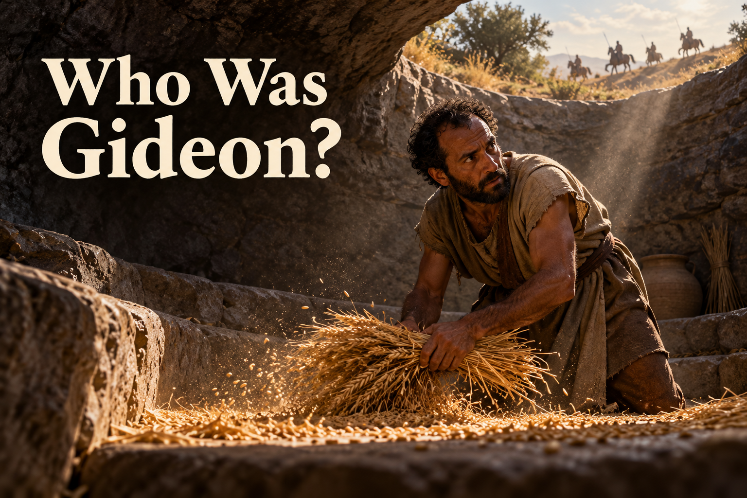 Gideon secretly threshing wheat inside a rock-cut winepress as riders pass in the distance
