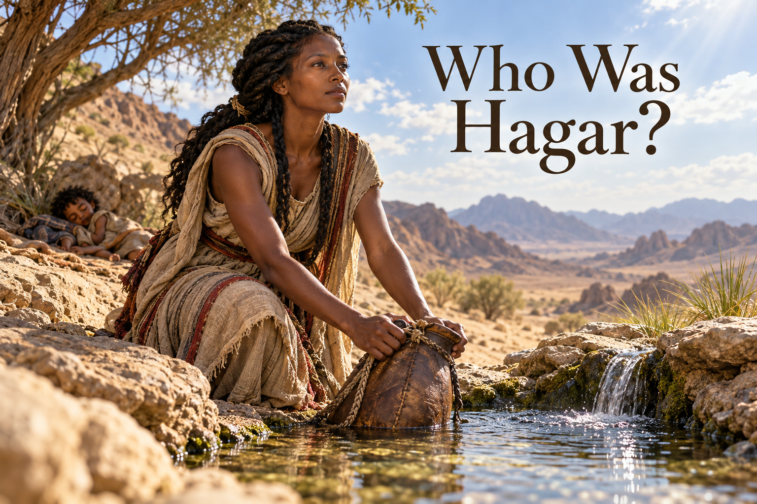 Illustrated Hagar kneeling beside a newly discovered desert spring with a waterskin in her hands