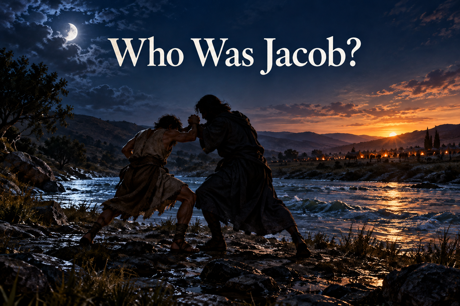 Jacob wrestling with a mysterious man beside the Jabbok River before dawn