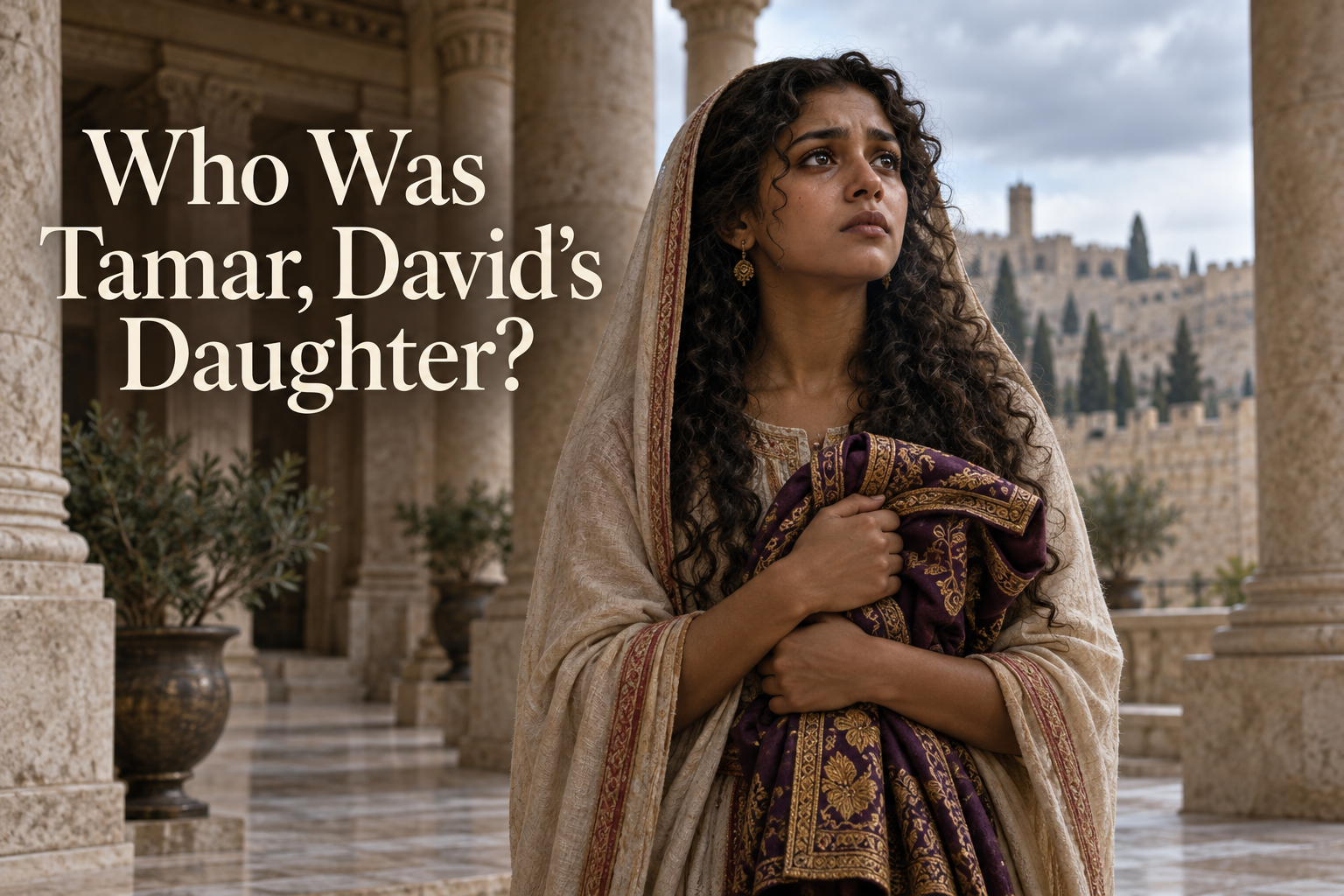 Illustrated Tamar, David’s daughter, standing with dignity in a royal Jerusalem courtyard holding a folded garment