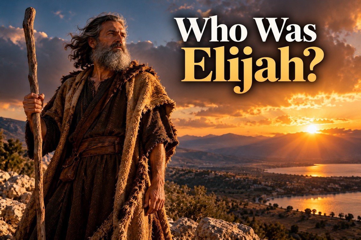 Editorial illustration of the prophet Elijah in a rocky ancient Near Eastern landscape beneath a dramatic sky