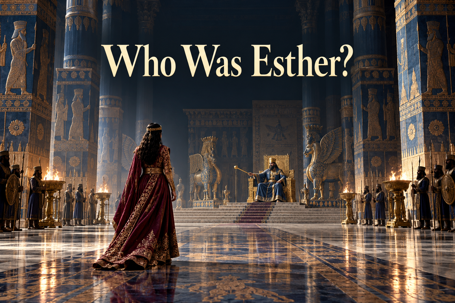 Queen Esther crosses a vast Persian throne hall as the king extends his golden scepter
