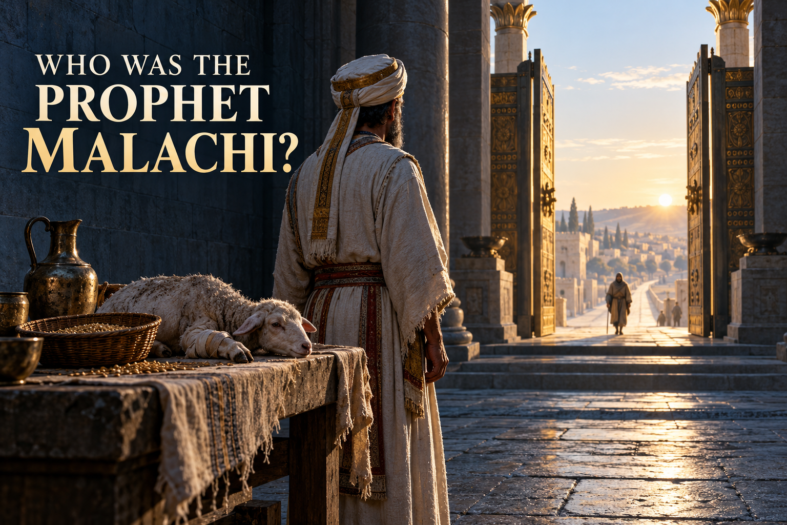 A priest beside a blemished offering watches a messenger approach the Jerusalem temple at dawn