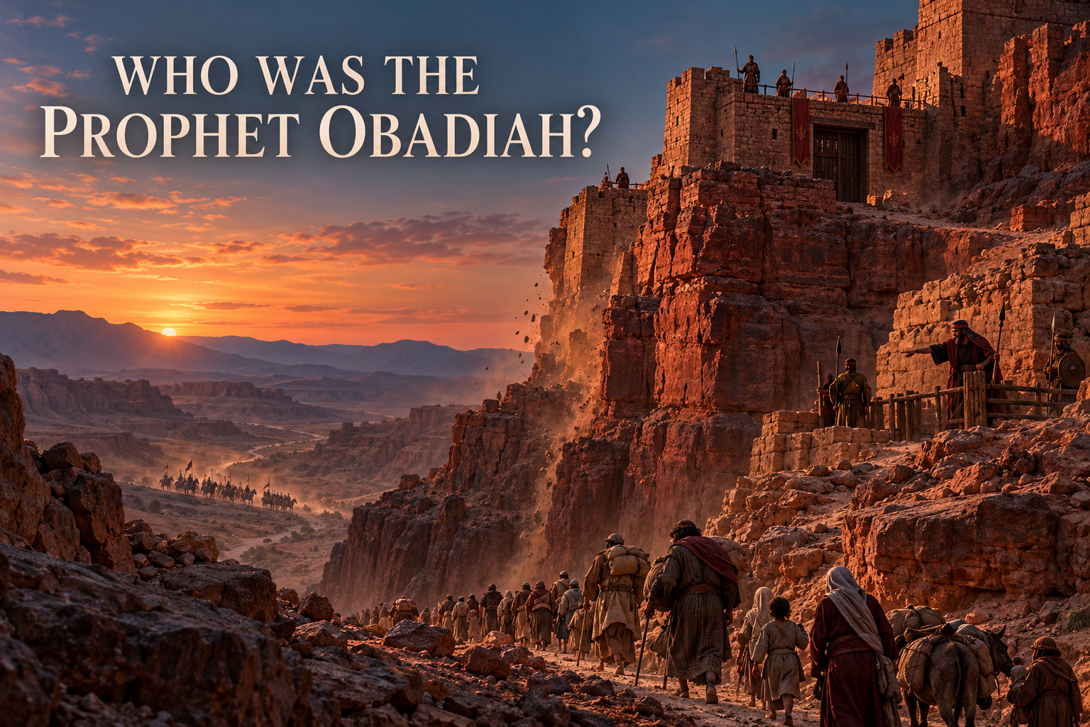 Edomite guards watch displaced Judeans pass beneath a red sandstone fortress