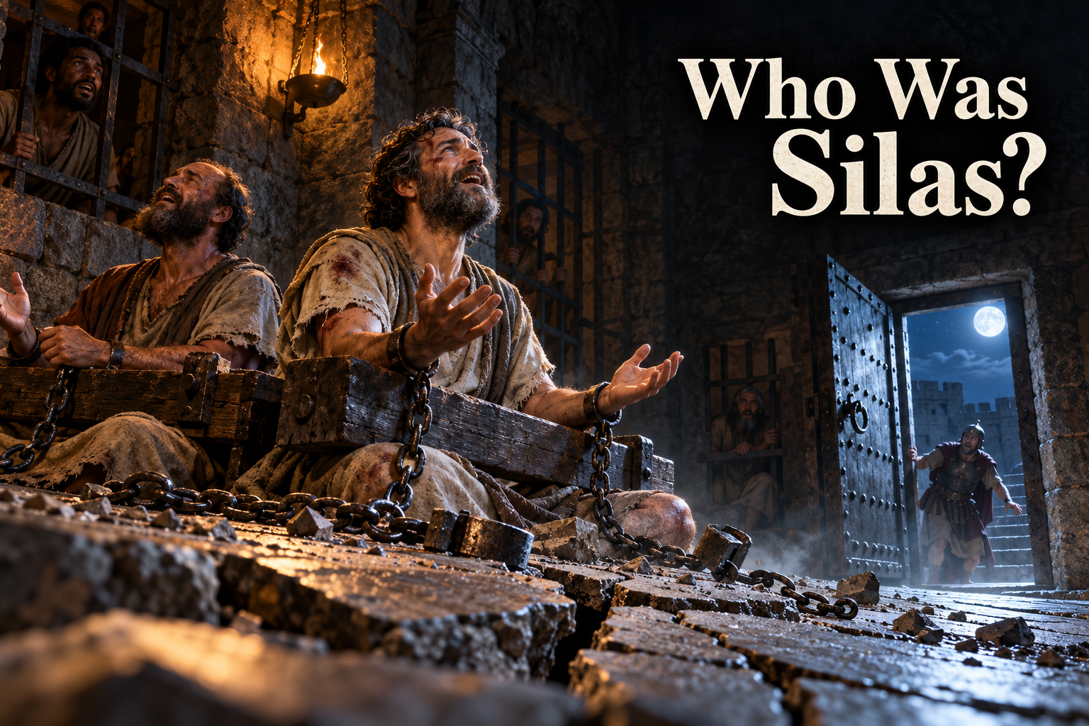 Silas and Paul sing in a Philippian prison as an earthquake opens the cell door