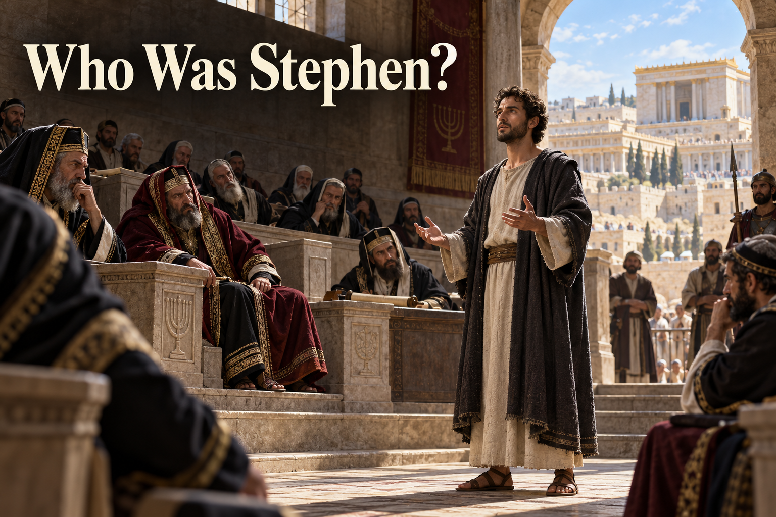 Stephen addresses the Jerusalem council while witnesses and religious leaders listen