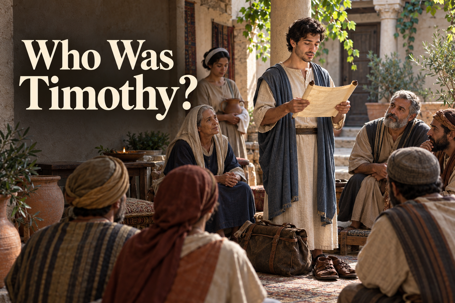 Timothy reads a letter aloud to a first-century house church gathered in Ephesus