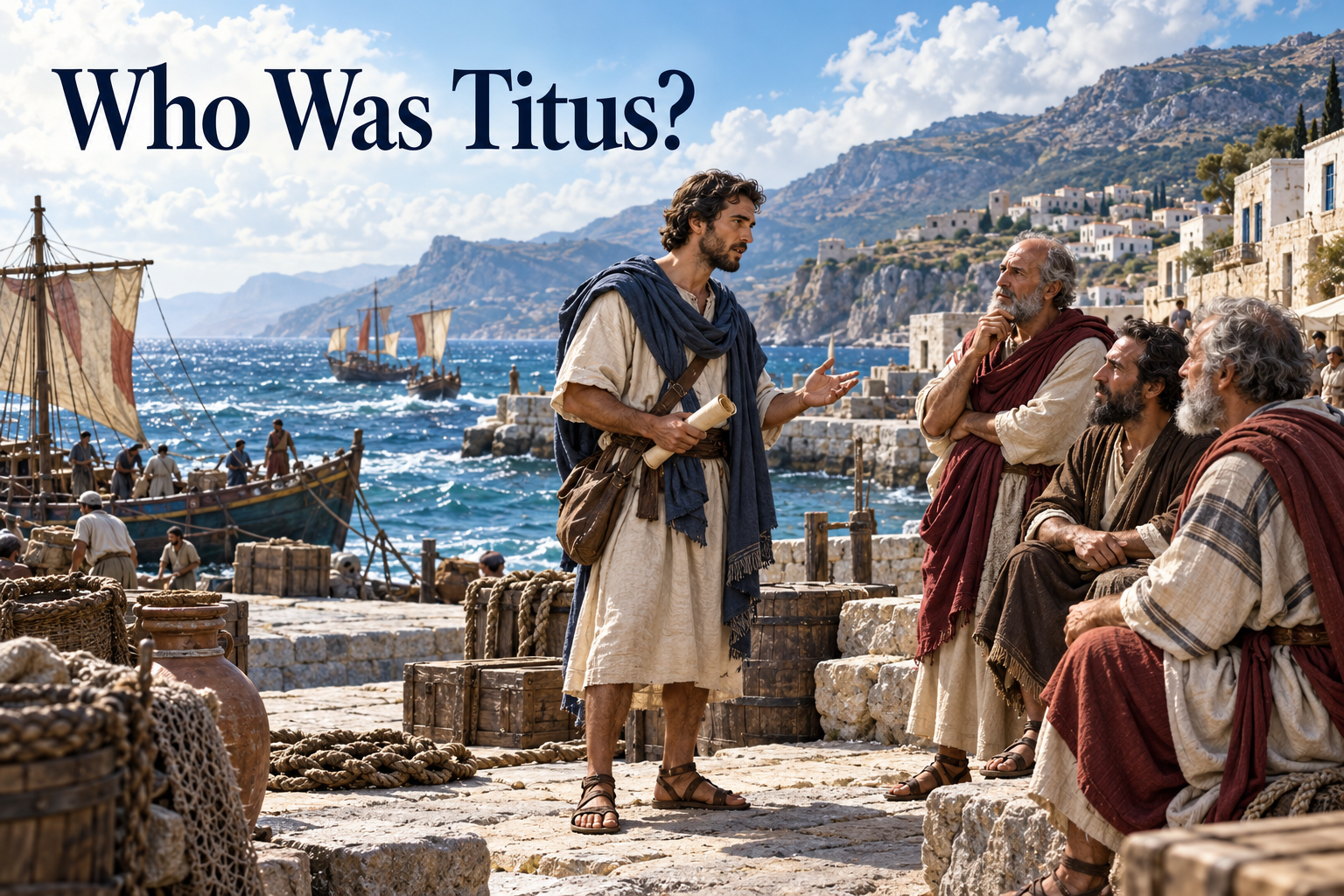 Titus holds a letter scroll while speaking with Christian elders beside a Cretan harbor