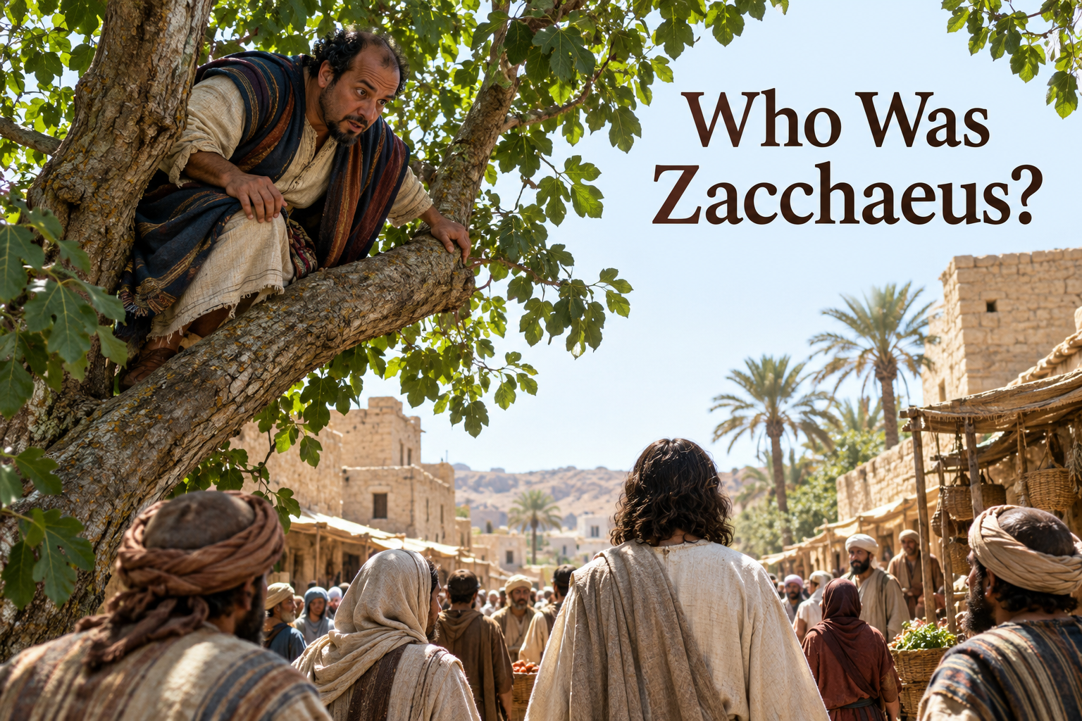 Illustrated Zacchaeus looking down from a sycamore fig tree above a crowded road in Jericho