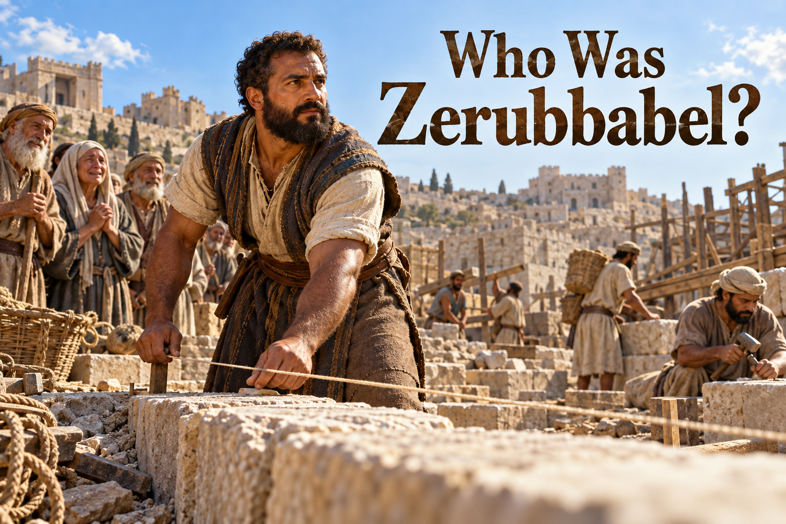 Illustrated Zerubbabel measuring foundation stones during the rebuilding of the temple in Jerusalem