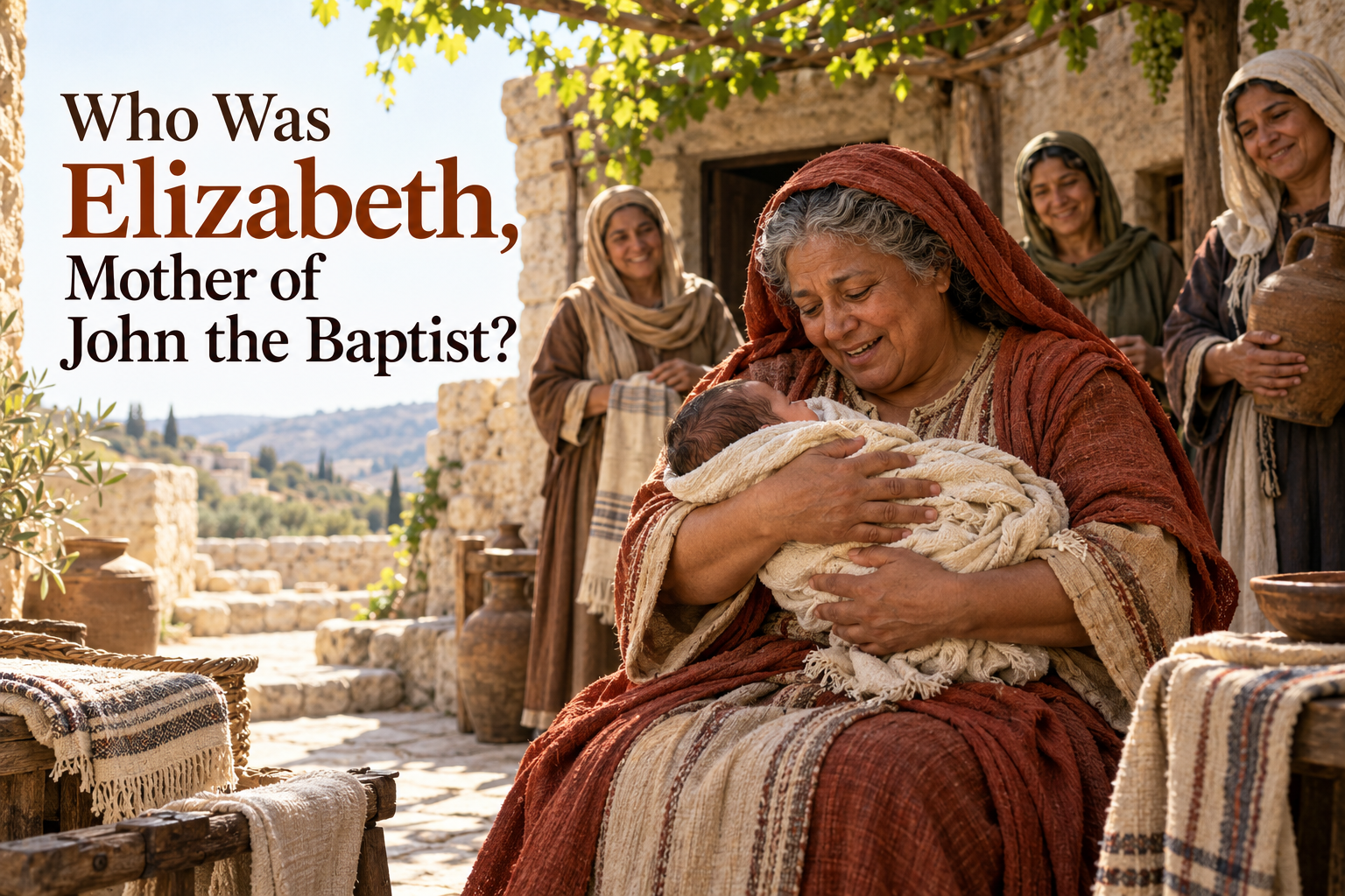 Illustrated Elizabeth, mother of John the Baptist, cradling her newborn in a Judean hill-country courtyard