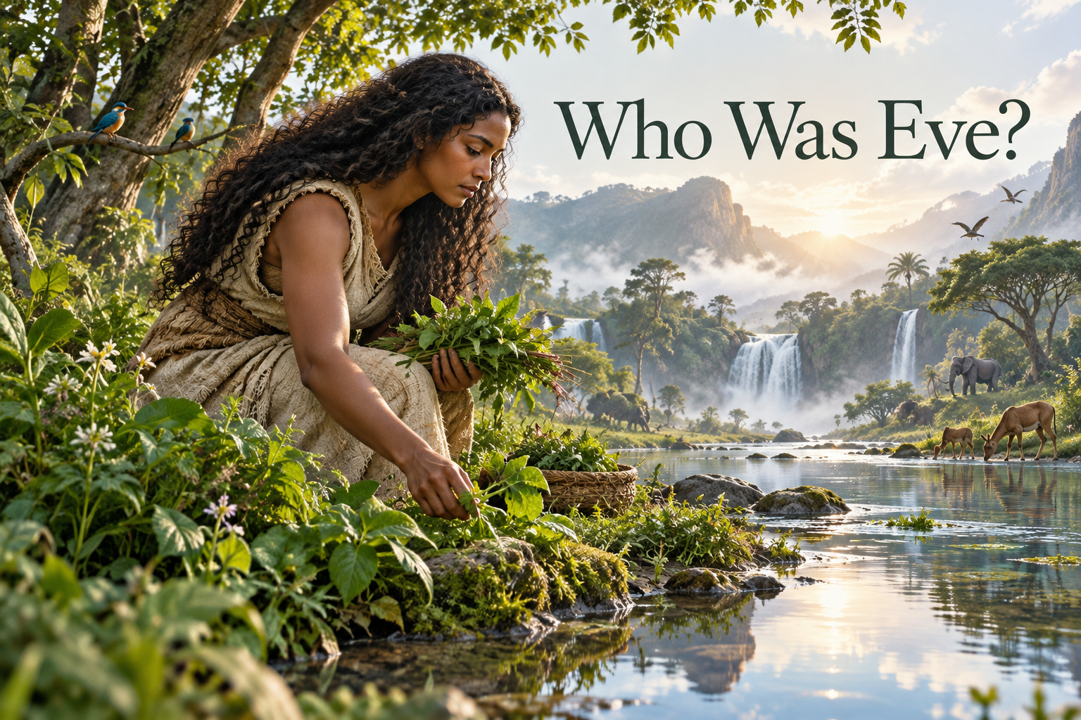 Illustrated Eve gathering edible plants beside a river in a lush primeval garden