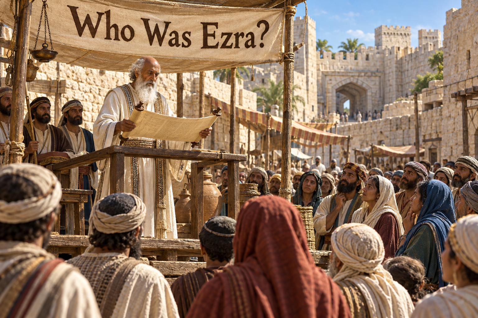 Illustrated elderly Ezra reading an ancient scroll to the assembled people in Persian-period Jerusalem