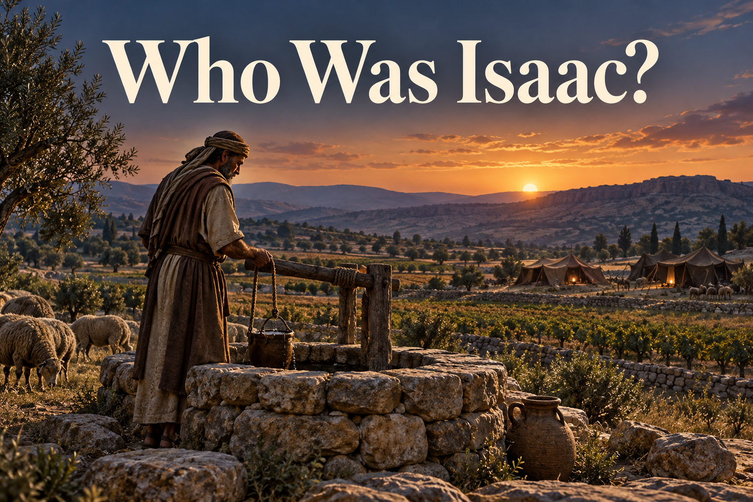 Isaac standing beside an ancient stone well at dusk in Canaan