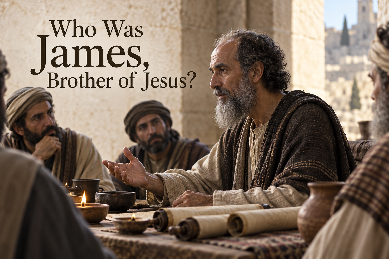 Illustrated James the brother of Jesus guiding a council discussion among first-century Jerusalem believers