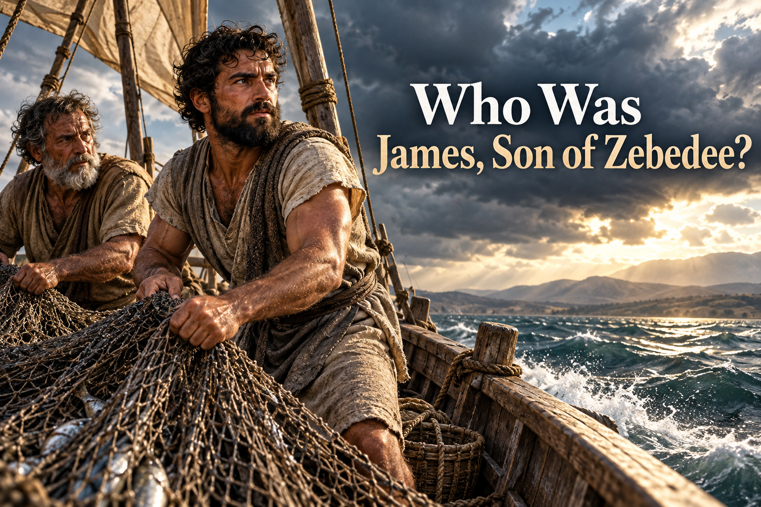 Illustrated James son of Zebedee working a fishing net in a boat on a stormy Sea of Galilee