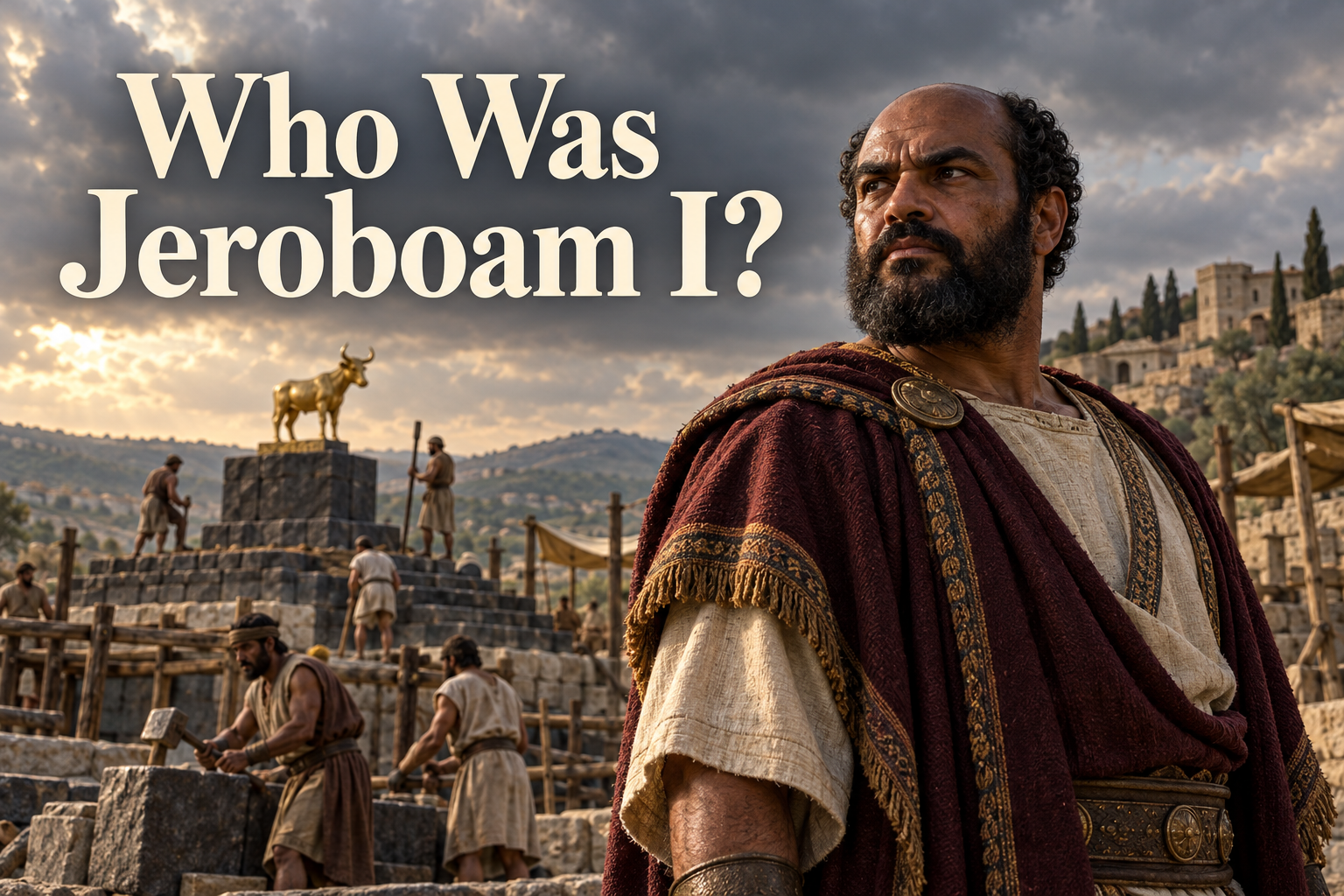 Jeroboam I overseeing construction of a northern sanctuary platform at Bethel