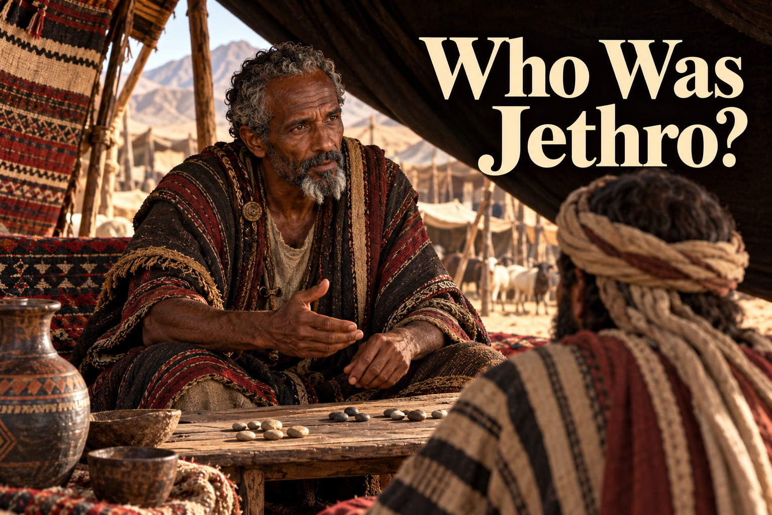 Jethro, an older Midianite elder, advising Moses inside a woven desert tent