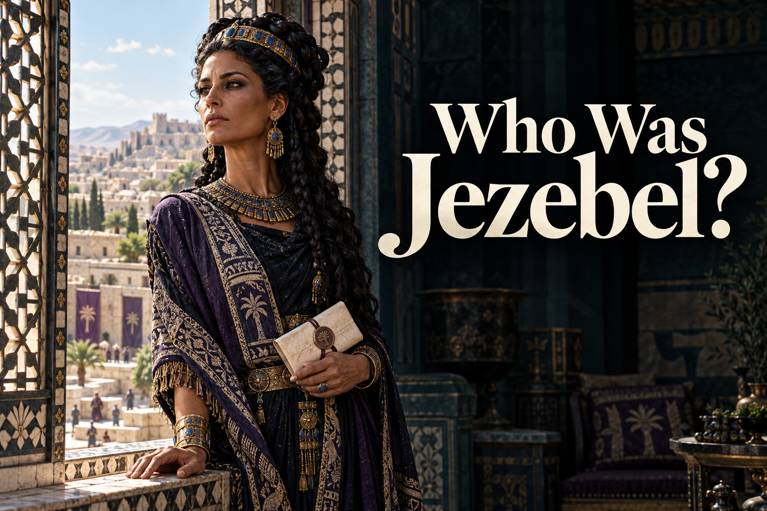 Queen Jezebel holding a sealed letter beside an ivory-inlaid lattice window in Samaria