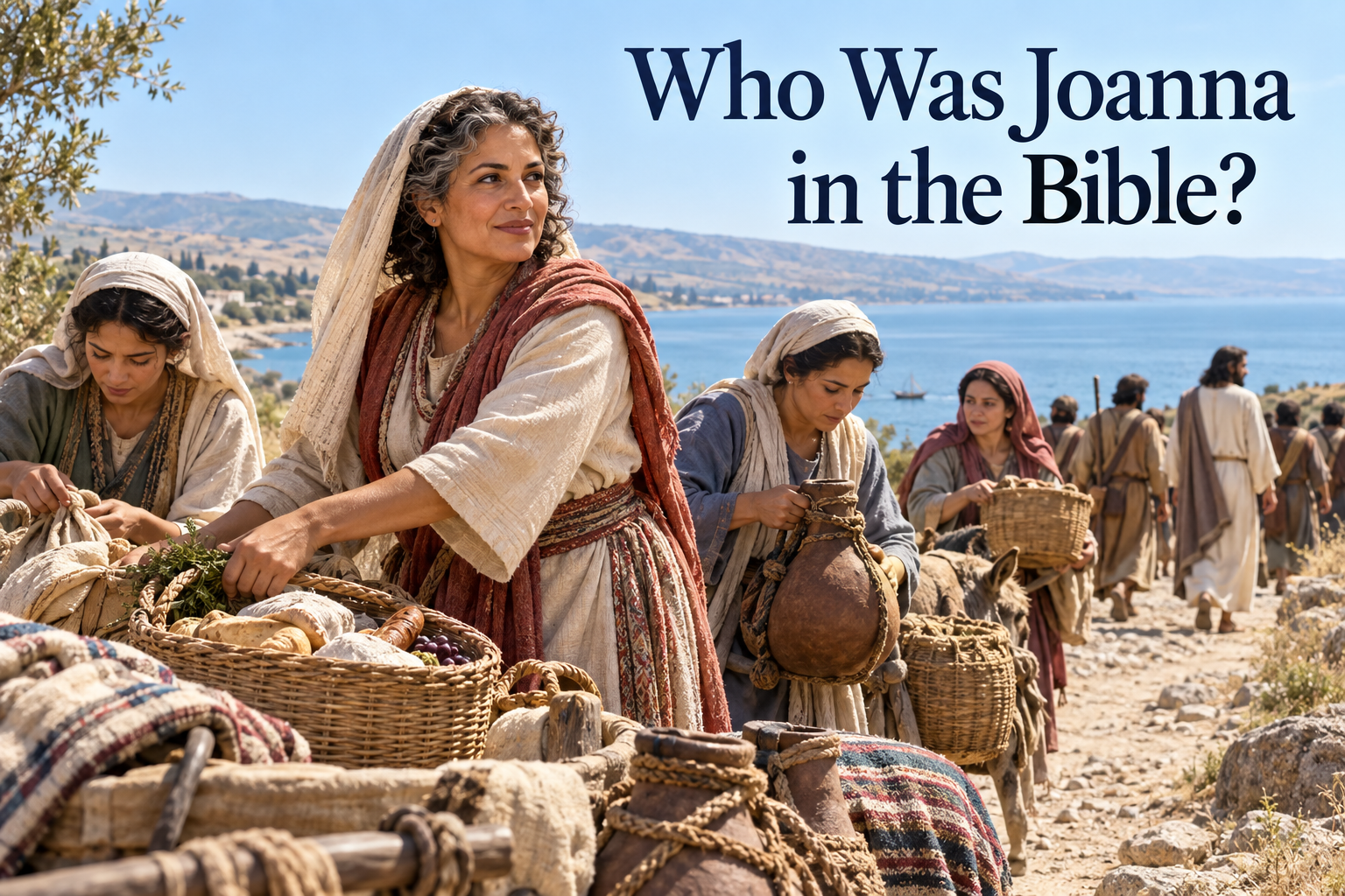 Illustrated Joanna organizing food and travel provisions for women following Jesus near the Sea of Galilee