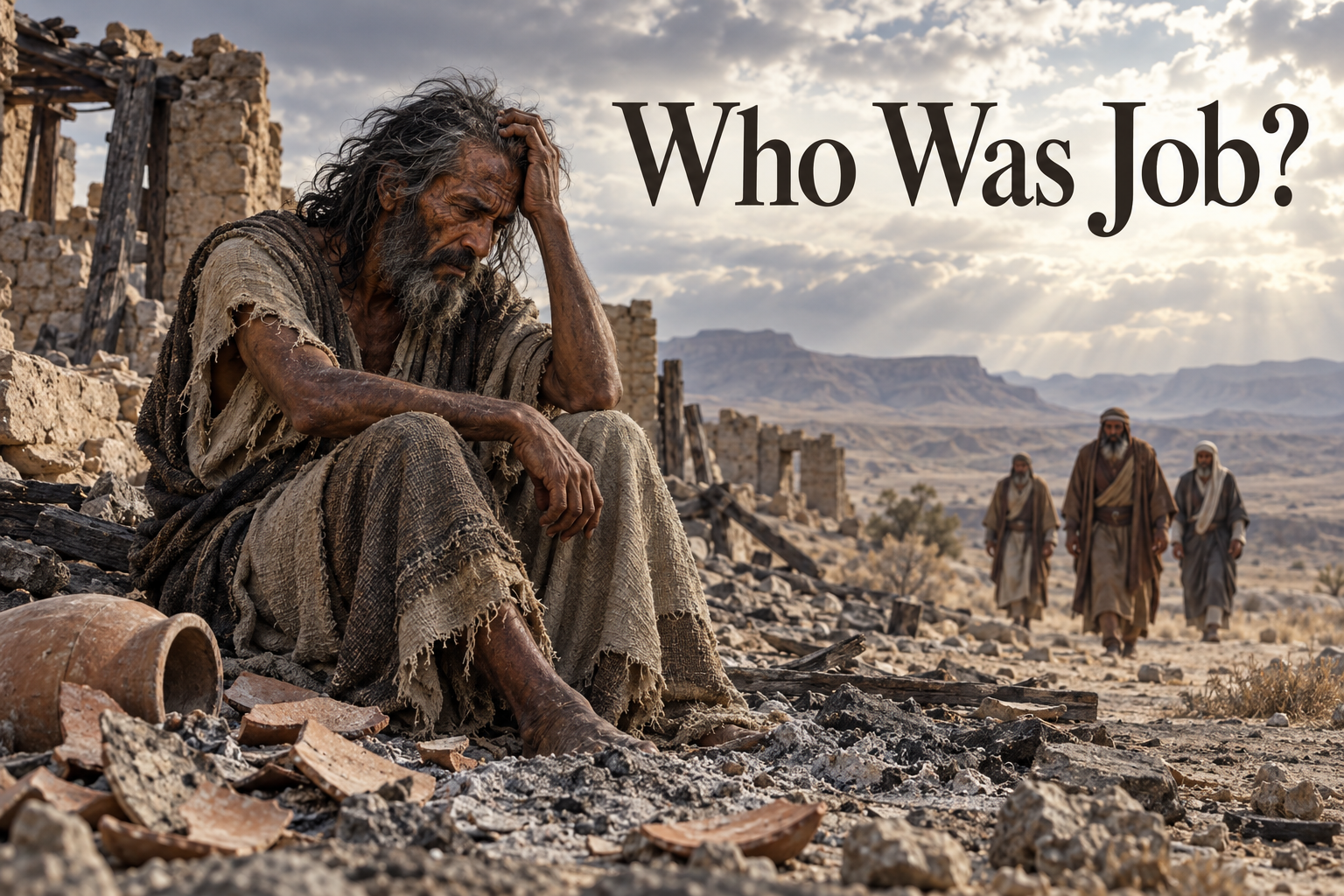 Illustrated Job grieving among ashes and ruins as three visitors approach across an ancient landscape