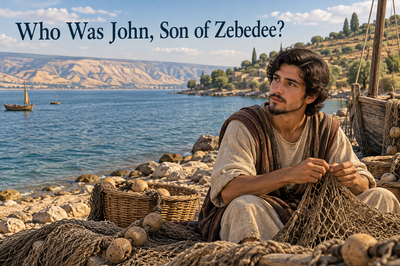 Illustrated young John son of Zebedee mending a fishing net on the shore of the Sea of Galilee