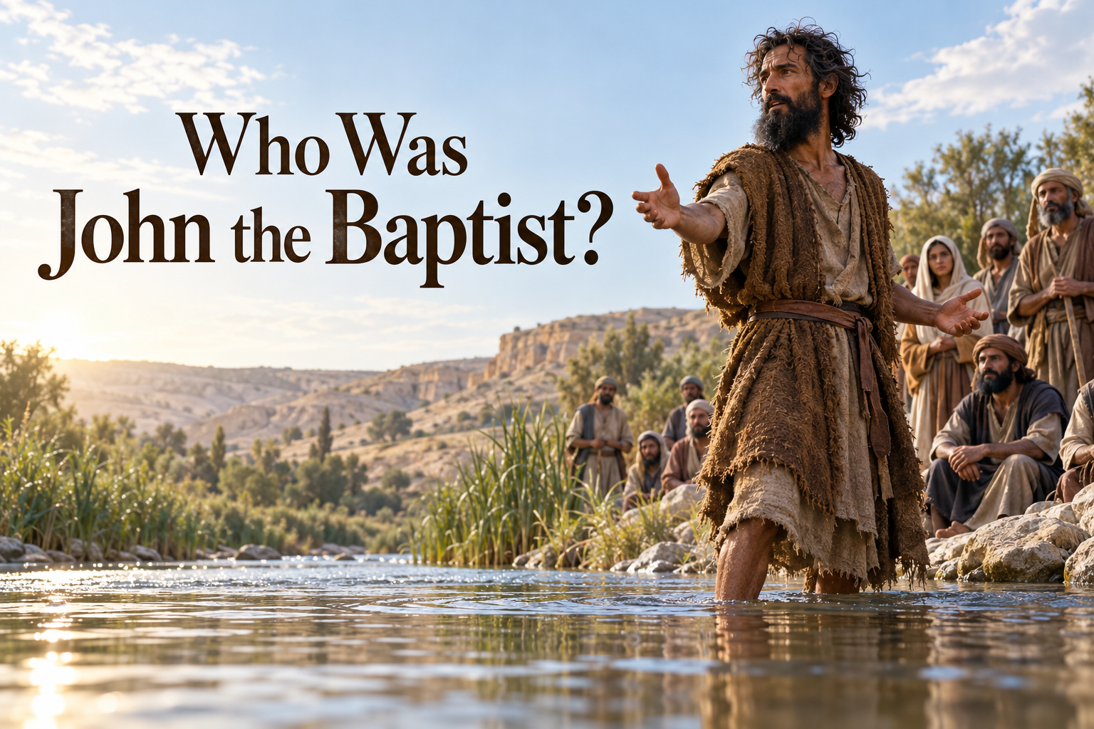 Illustrated John the Baptist preaching in the Jordan River before a waiting crowd