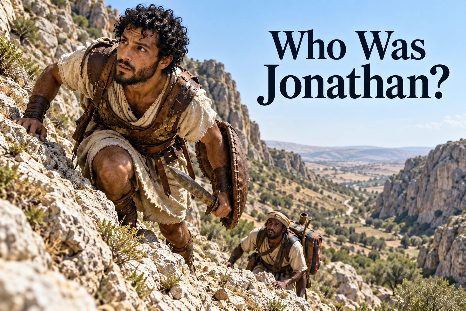 Jonathan, son of Saul, climbing the rocky Michmash pass with his armor-bearer below