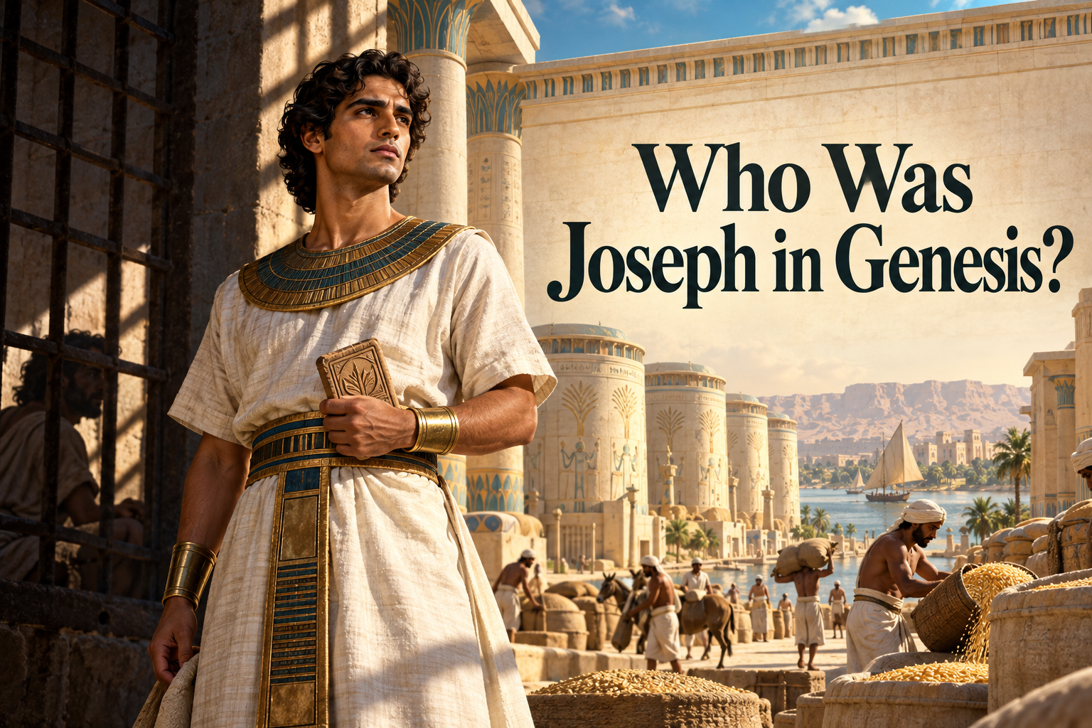Joseph in Egyptian administrative clothing between a prison gate and royal granaries