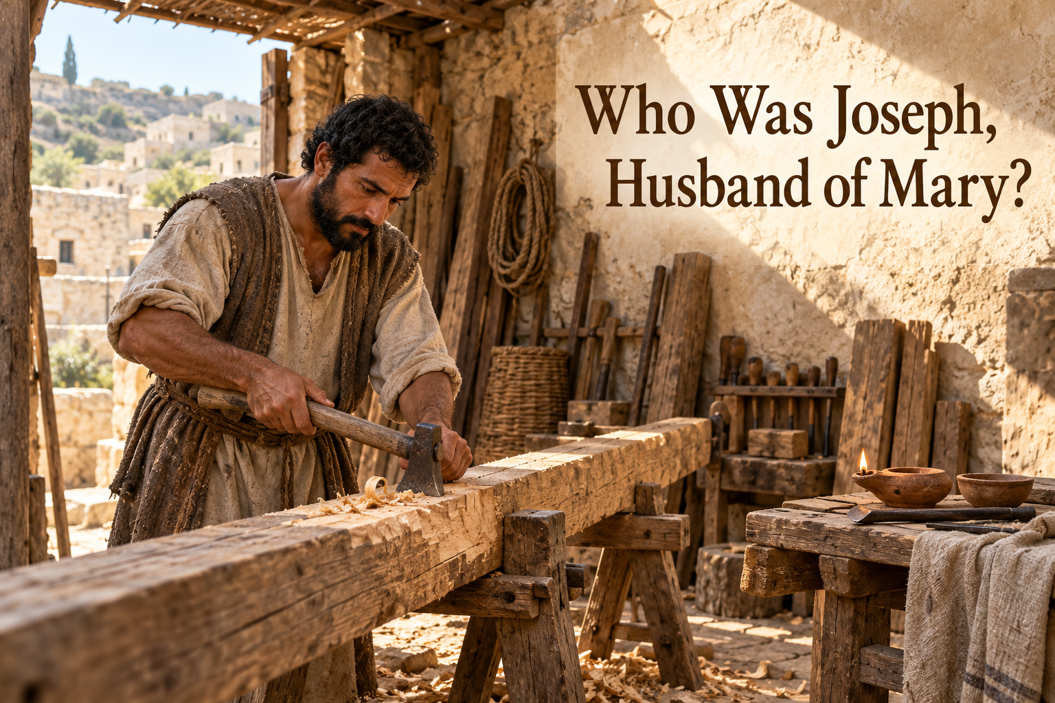 Illustrated Joseph, husband of Mary, shaping a roof beam in a first-century Nazareth workshop