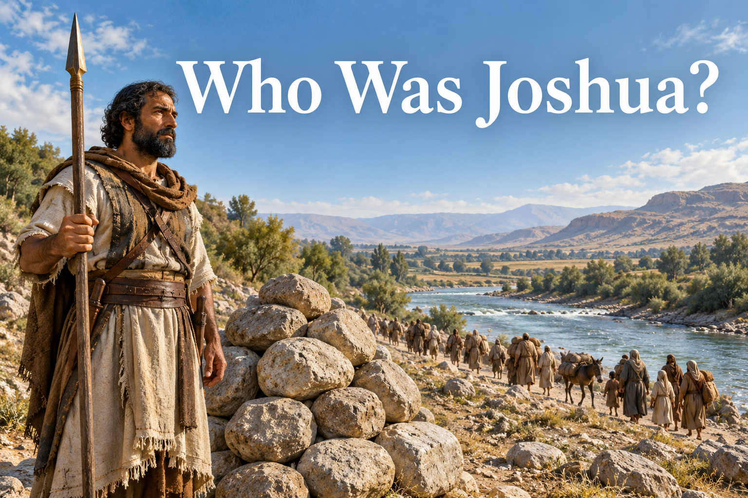 Joshua holding a spear beside a twelve-stone memorial above the Jordan River