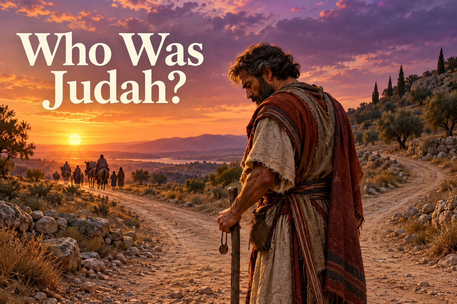 Judah standing on an ancient road holding his staff and signet cord at sunset