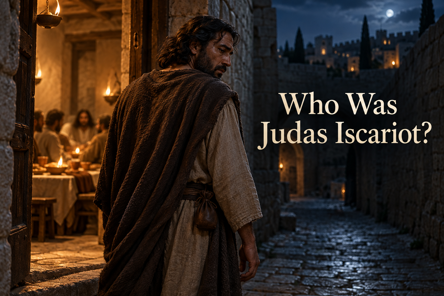 Illustrated Judas Iscariot leaving a lamplit Passover room for a dark first-century Jerusalem street