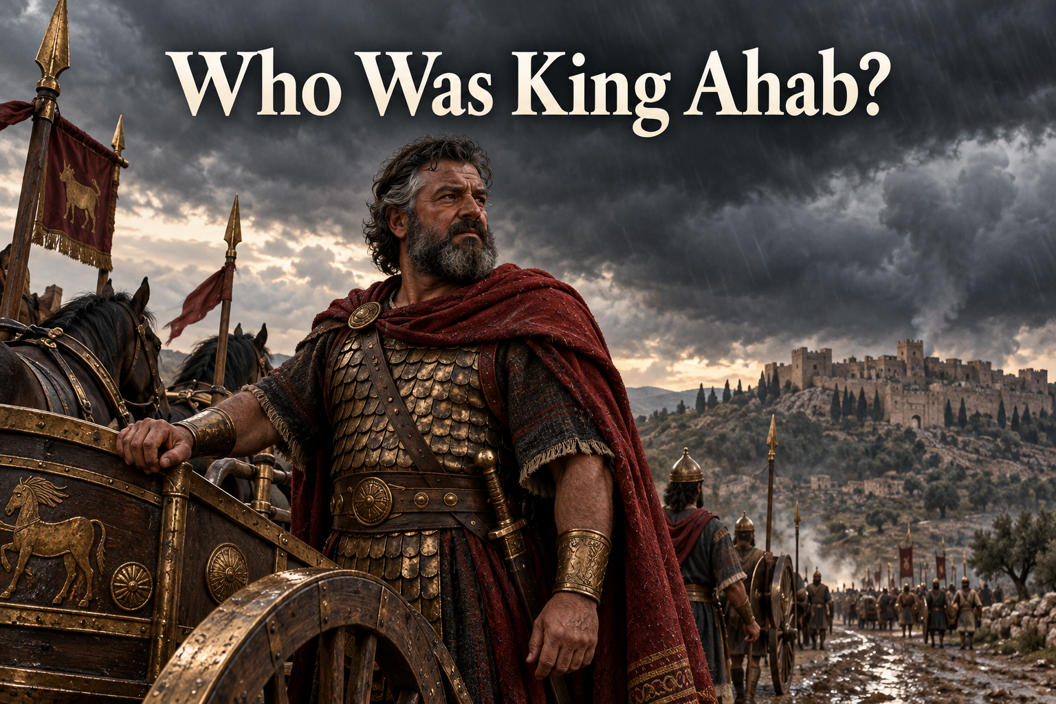 King Ahab standing beside an Iron Age chariot beneath storm clouds outside Samaria