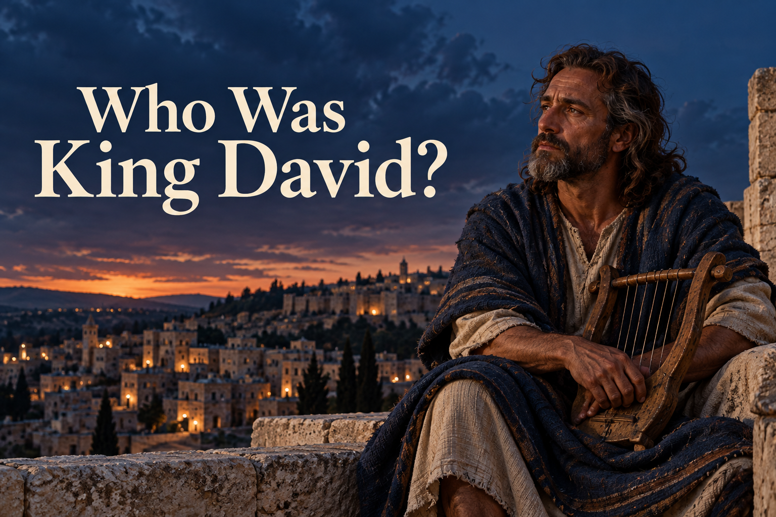 King David holding a small lyre on a Jerusalem rooftop at blue hour