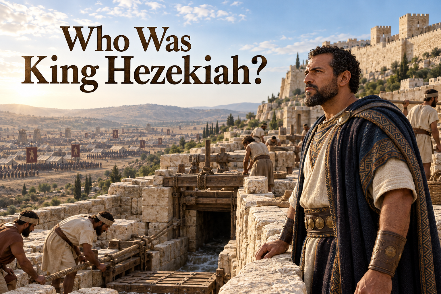 Illustrated King Hezekiah standing on Jerusalem’s defenses during the Assyrian crisis