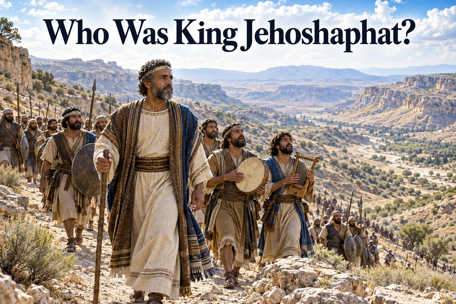King Jehoshaphat leading singers and soldiers through the Judean wilderness