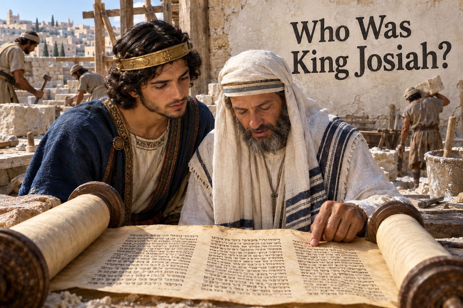 Illustrated young King Josiah listening as a priest reads a scroll during temple repairs