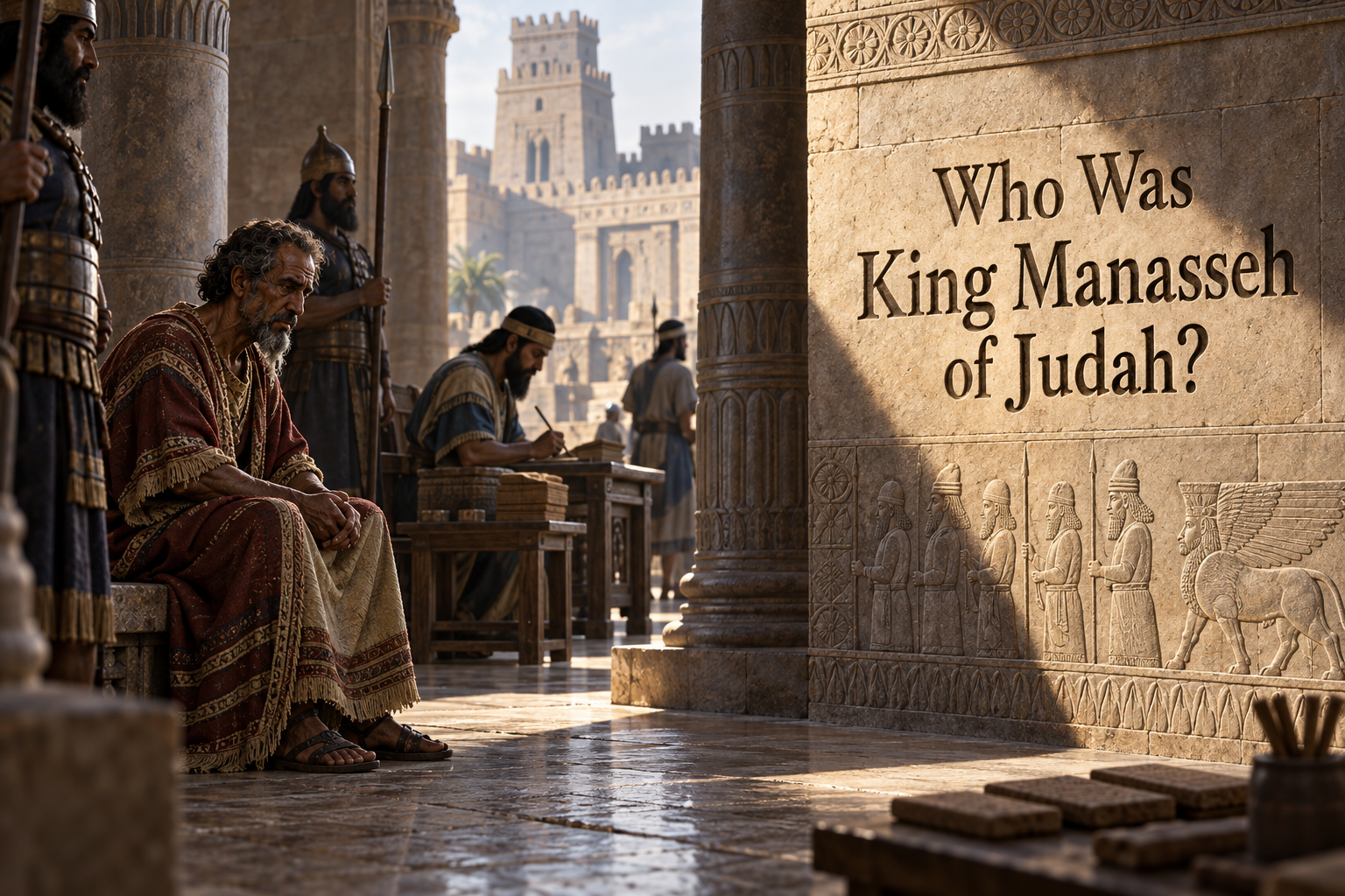 Illustrated King Manasseh of Judah sitting humbled in an Assyrian imperial courtyard