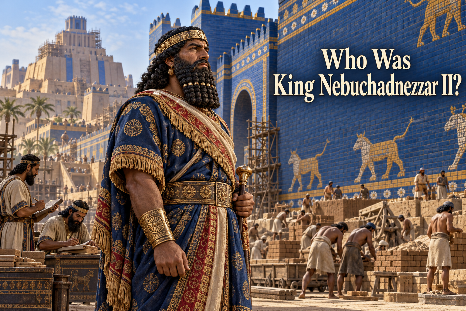 Imagined illustration of King Nebuchadnezzar II overseeing monumental construction in Babylon