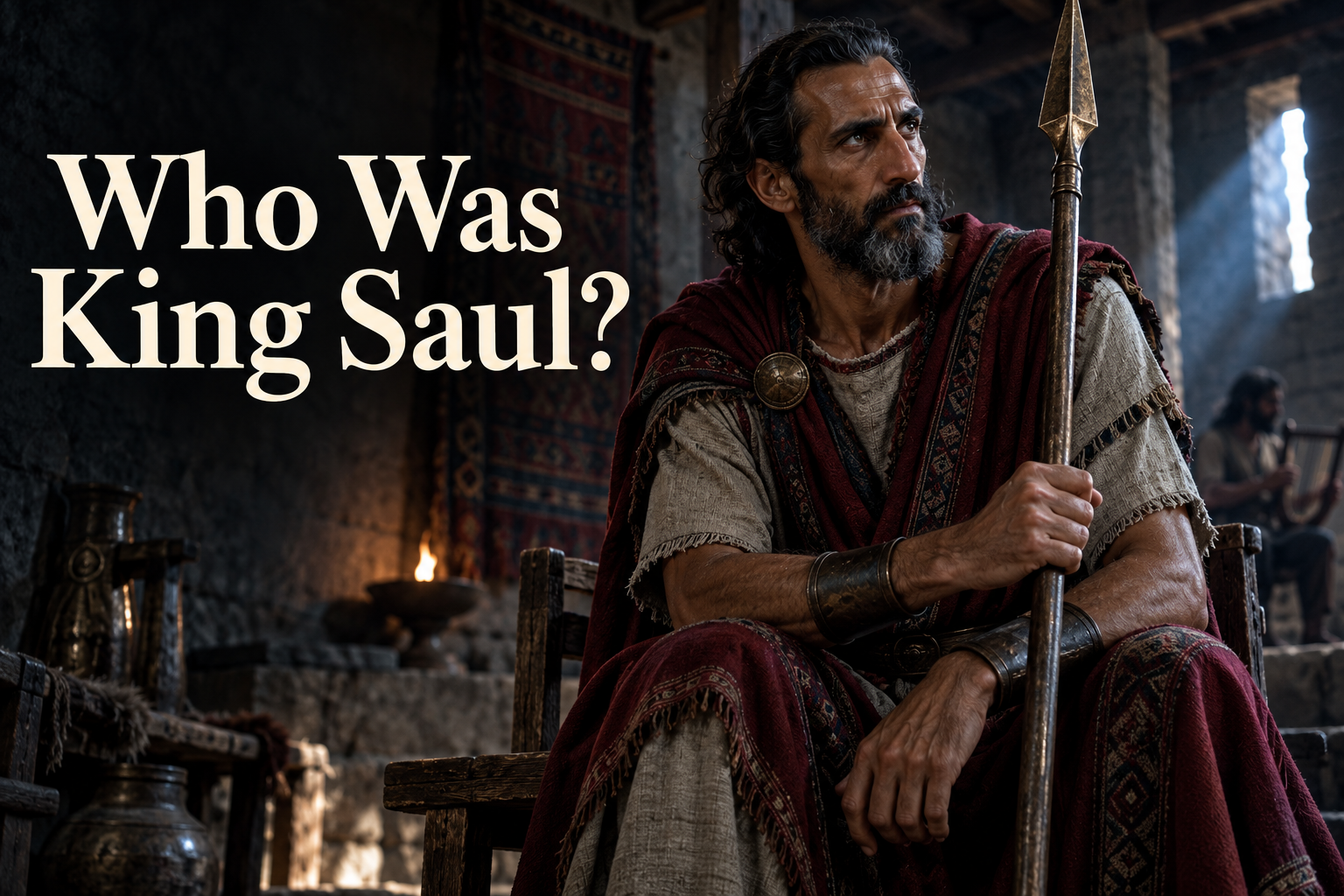 King Saul seated in a shadowed Iron Age hill-fort while gripping a bronze-tipped spear