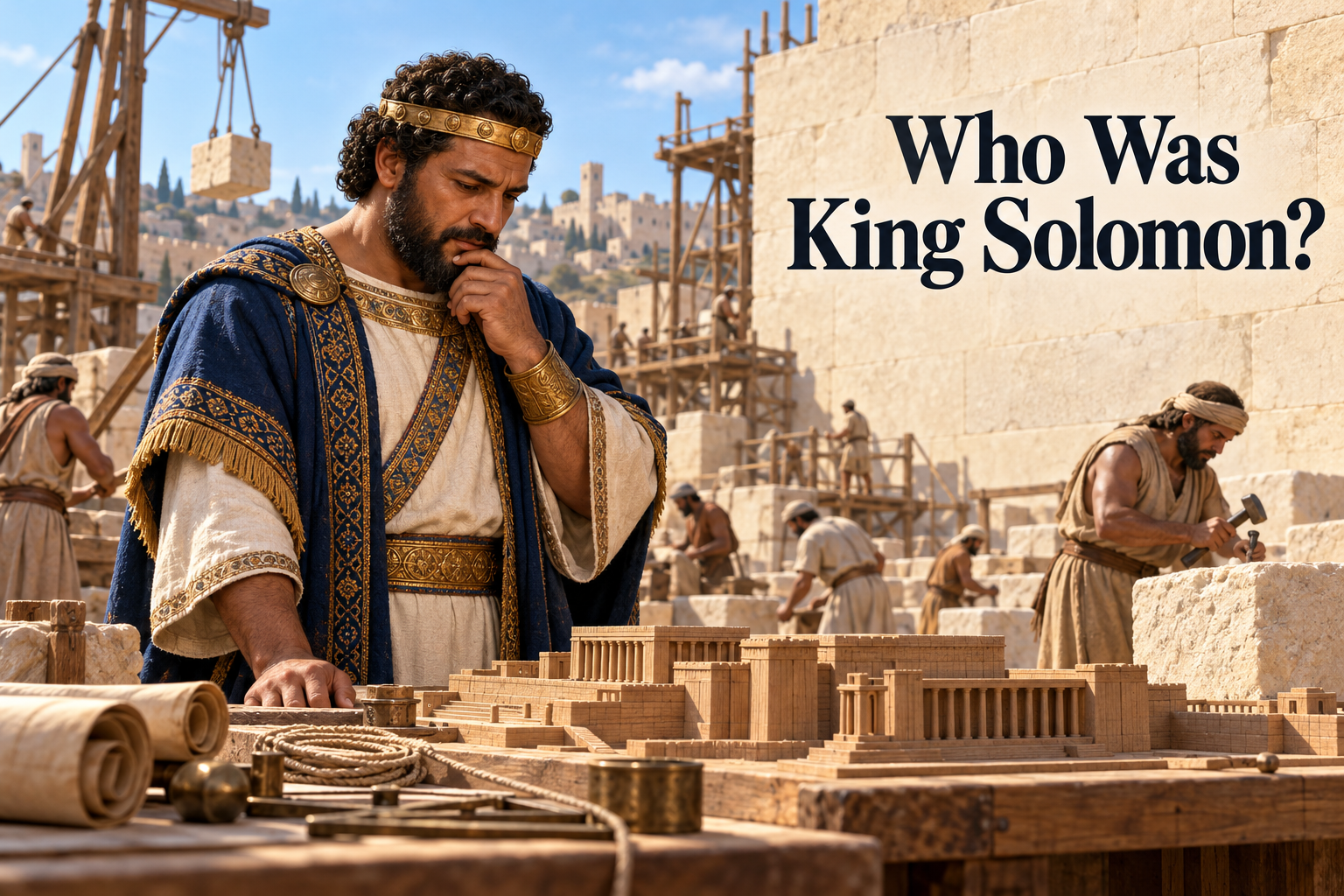 King Solomon studying an architectural model at an Iron Age Jerusalem construction site