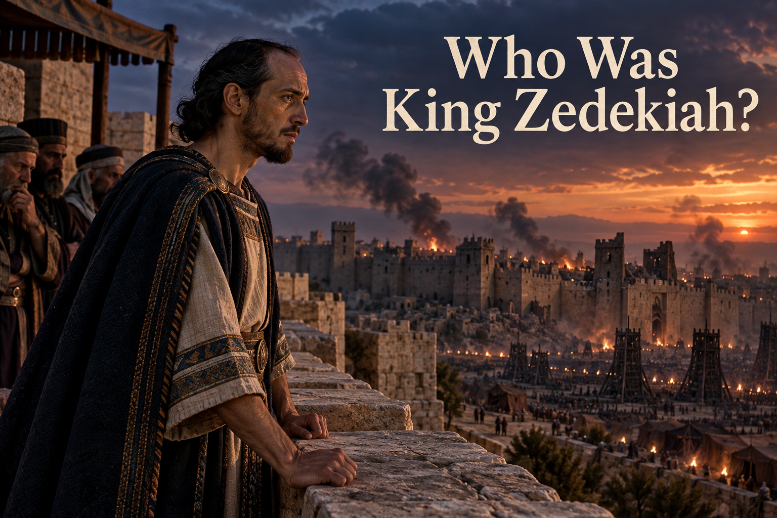 Illustrated King Zedekiah overlooking Jerusalem during the Babylonian siege